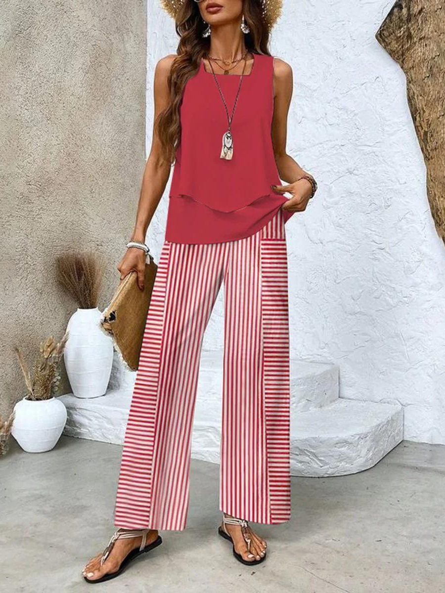 Soraya - Breezy Summer Ensemble with Leaf Print and Flowing Trousers