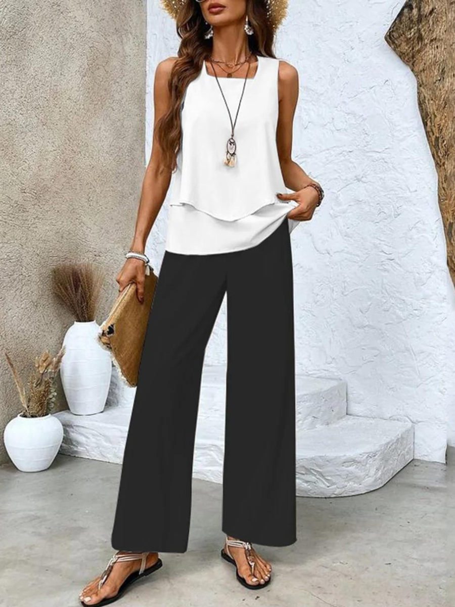 Soraya - Breezy Summer Ensemble with Leaf Print and Flowing Trousers