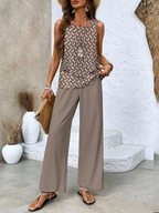 Soraya - Breezy Summer Ensemble with Leaf Print and Flowing Trousers