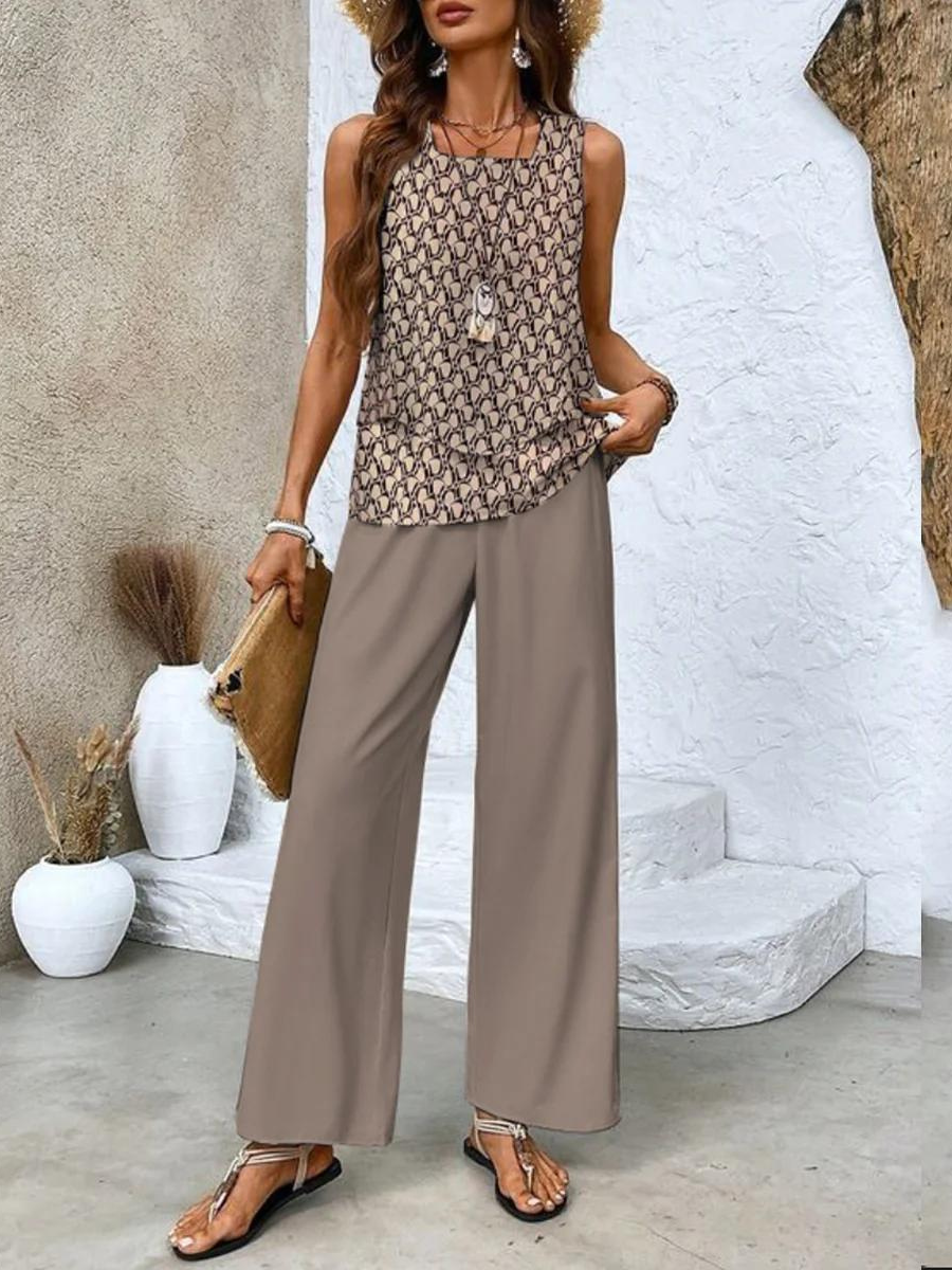 Soraya - Breezy Summer Ensemble with Leaf Print and Flowing Trousers