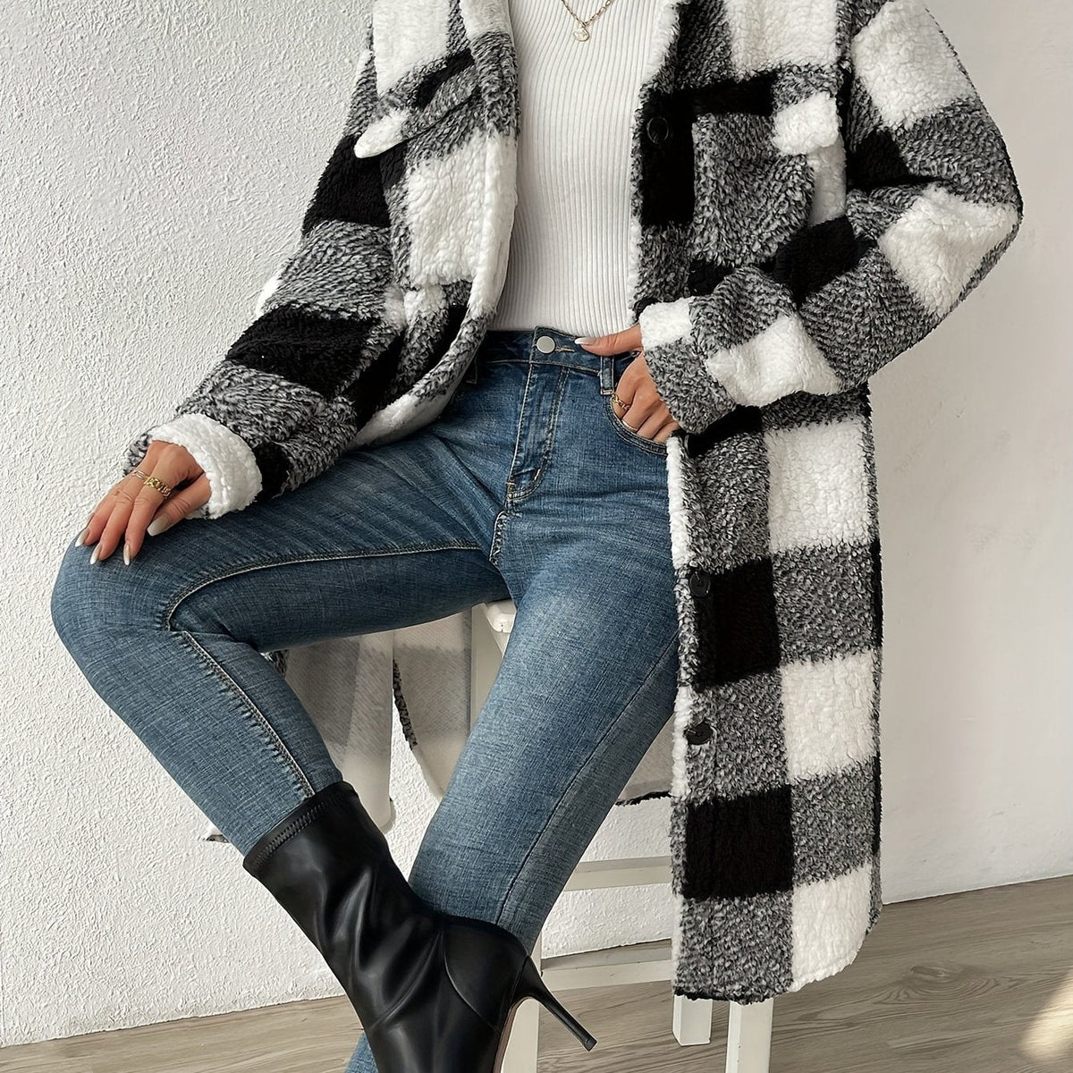 Winter-Ready Checked Midi Teddy Coat for Women with Buttons and Pockets