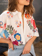 Summer Short Sleeve Floral Print Blouse for Women - White