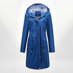Women's Hooded Waterproof Midi Raincoat with Adjustable Waist Cord
