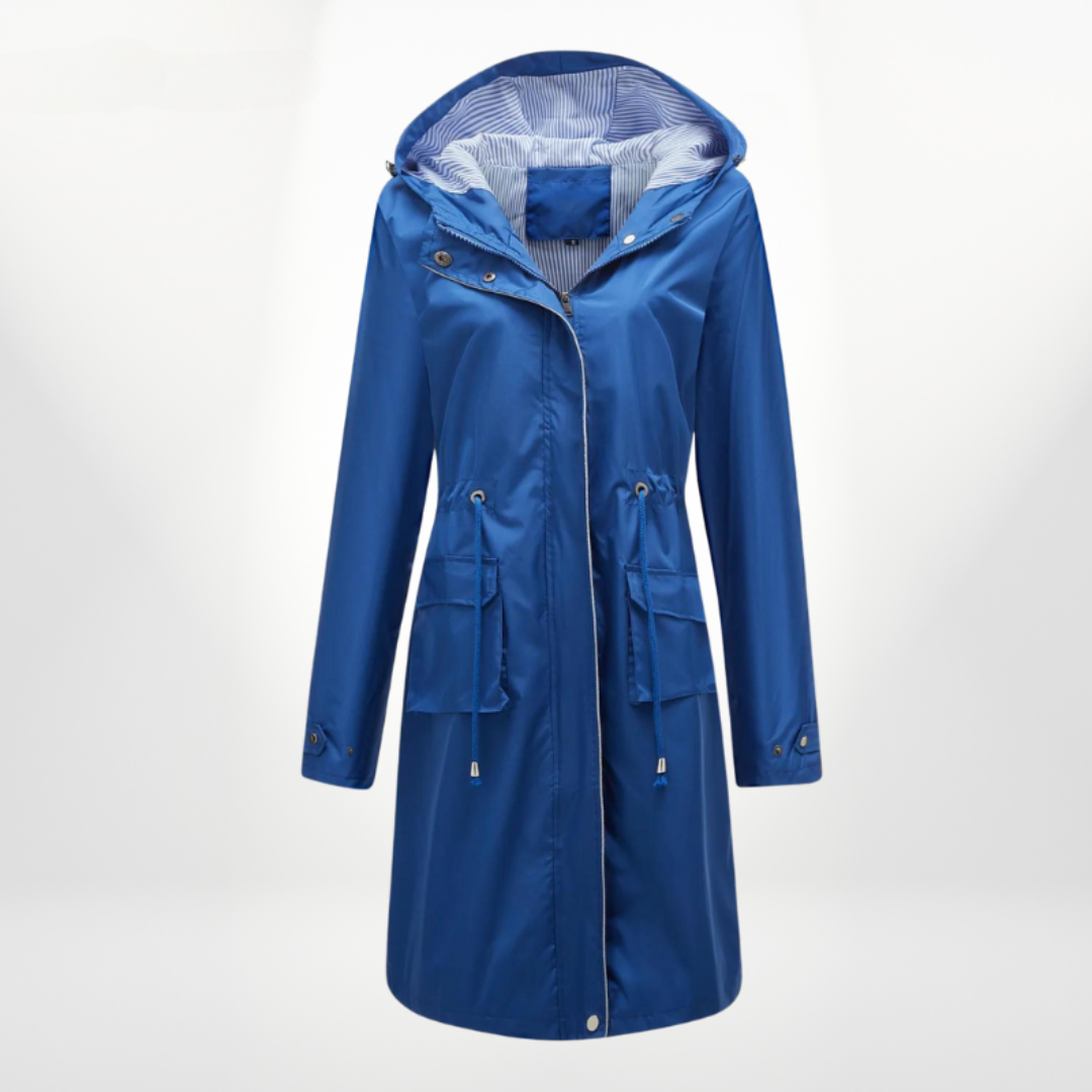 Women's Hooded Waterproof Midi Raincoat with Adjustable Waist Cord