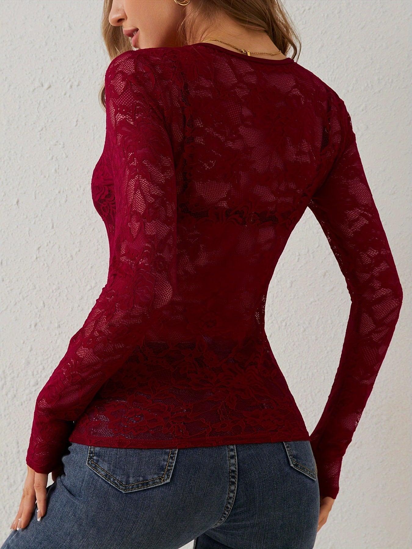 Annelot - Long Sleeve Lace Bodysuit with Deep V-Neck