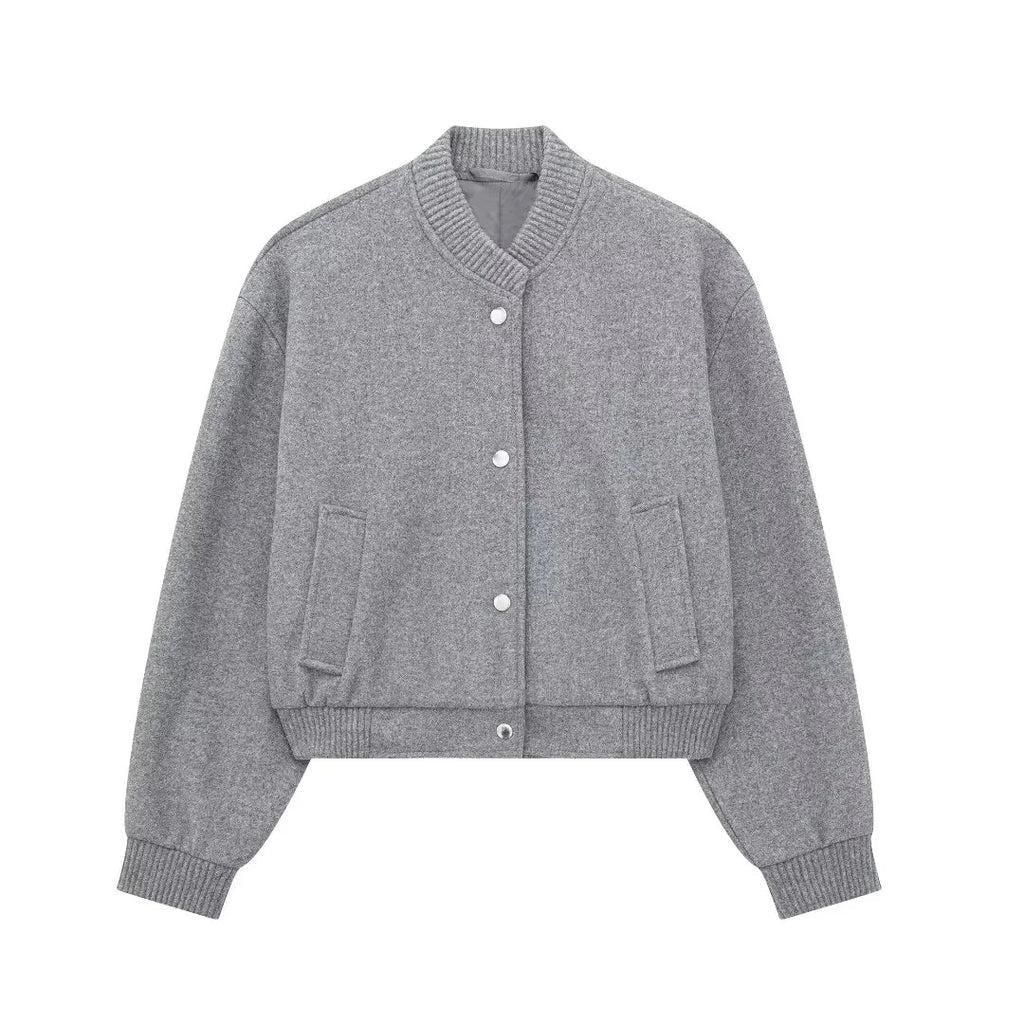 Womens Wool Blend Bomber Jacket – Button Closure & Ribbed Cuffs – Casual Chic Style