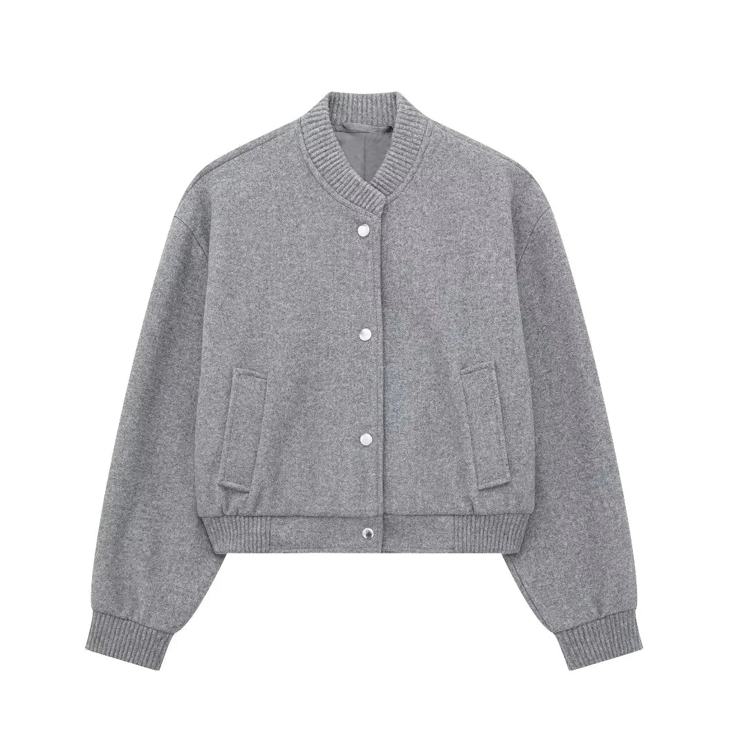 Womens Wool Blend Bomber Jacket – Button Closure & Ribbed Cuffs – Casual Chic Style
