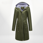 Women's Hooded Waterproof Midi Raincoat with Adjustable Waist Cord
