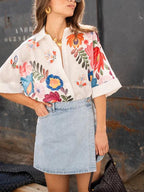 Summer Short Sleeve Floral Print Blouse for Women - White