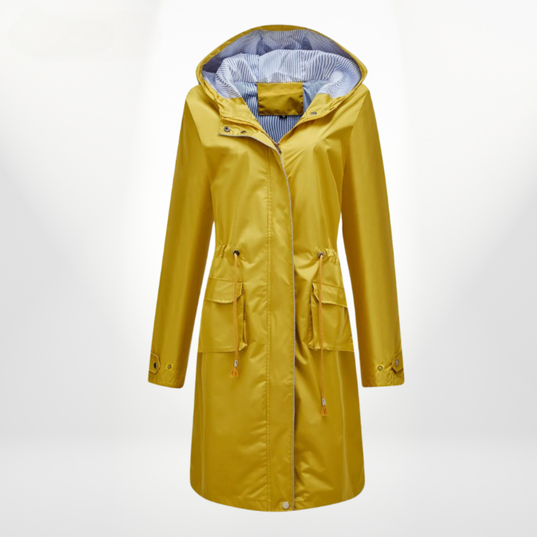 Women's Hooded Waterproof Midi Raincoat with Adjustable Waist Cord