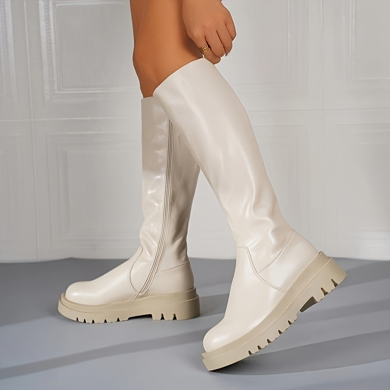 Women's White Knee-High Zip Boots with Non-Slip Sole
