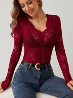 Annelot - Long Sleeve Lace Bodysuit with Deep V-Neck