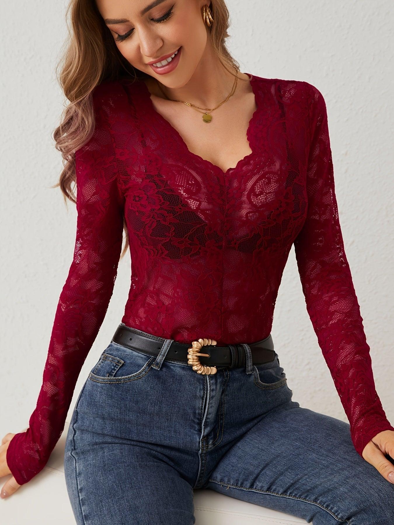 Annelot - Long Sleeve Lace Bodysuit with Deep V-Neck