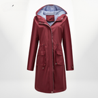 Women's Hooded Waterproof Midi Raincoat with Adjustable Waist Cord