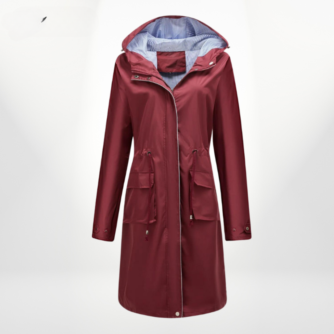 Women's Hooded Waterproof Midi Raincoat with Adjustable Waist Cord