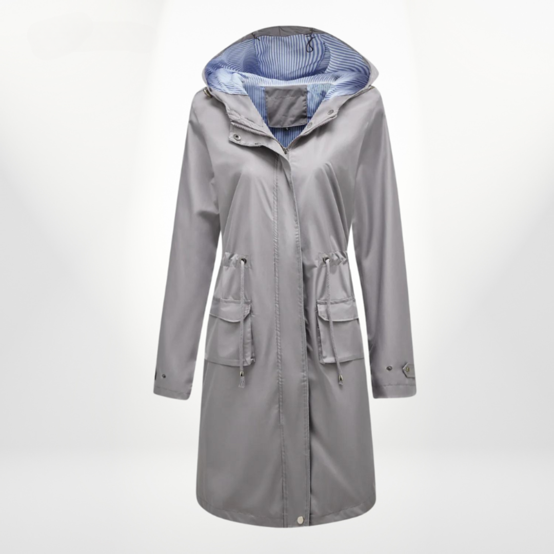Women's Hooded Waterproof Midi Raincoat with Adjustable Waist Cord