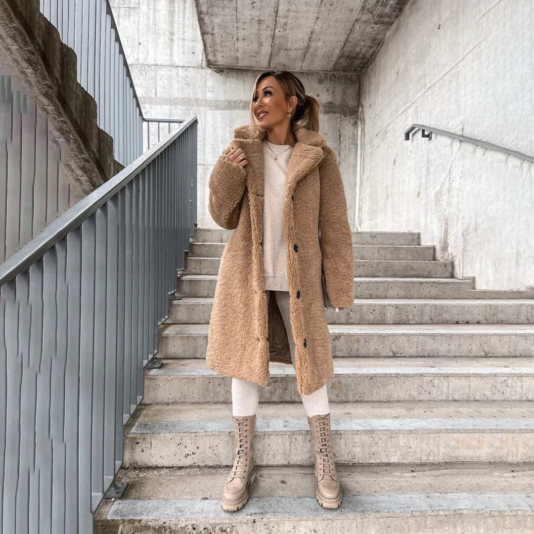 Soft Beige Long Teddy Coat for Women