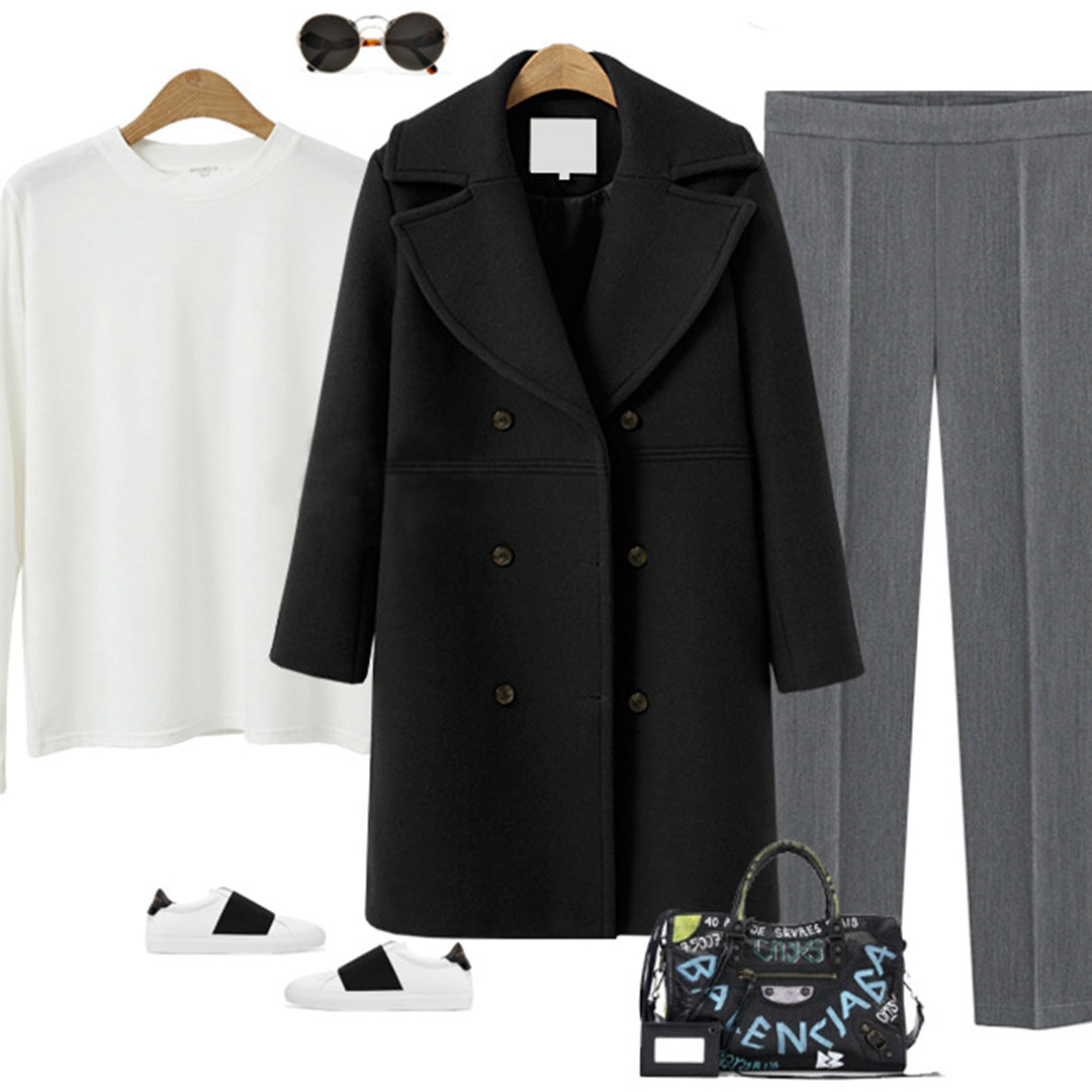Double-Breasted Long Wool Coat for Women – Perfect for Autumn