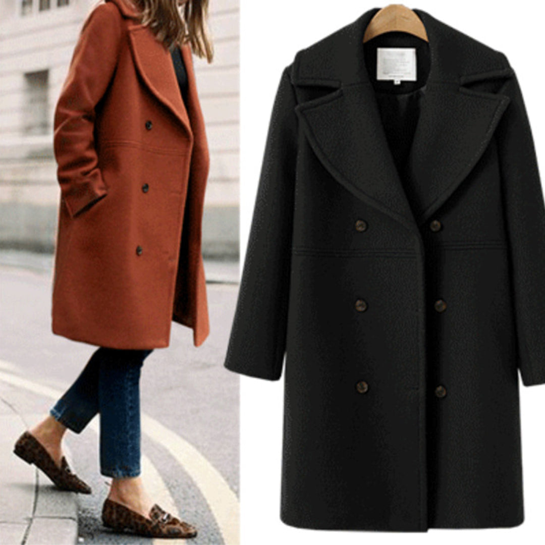 Double-Breasted Long Wool Coat for Women – Perfect for Autumn