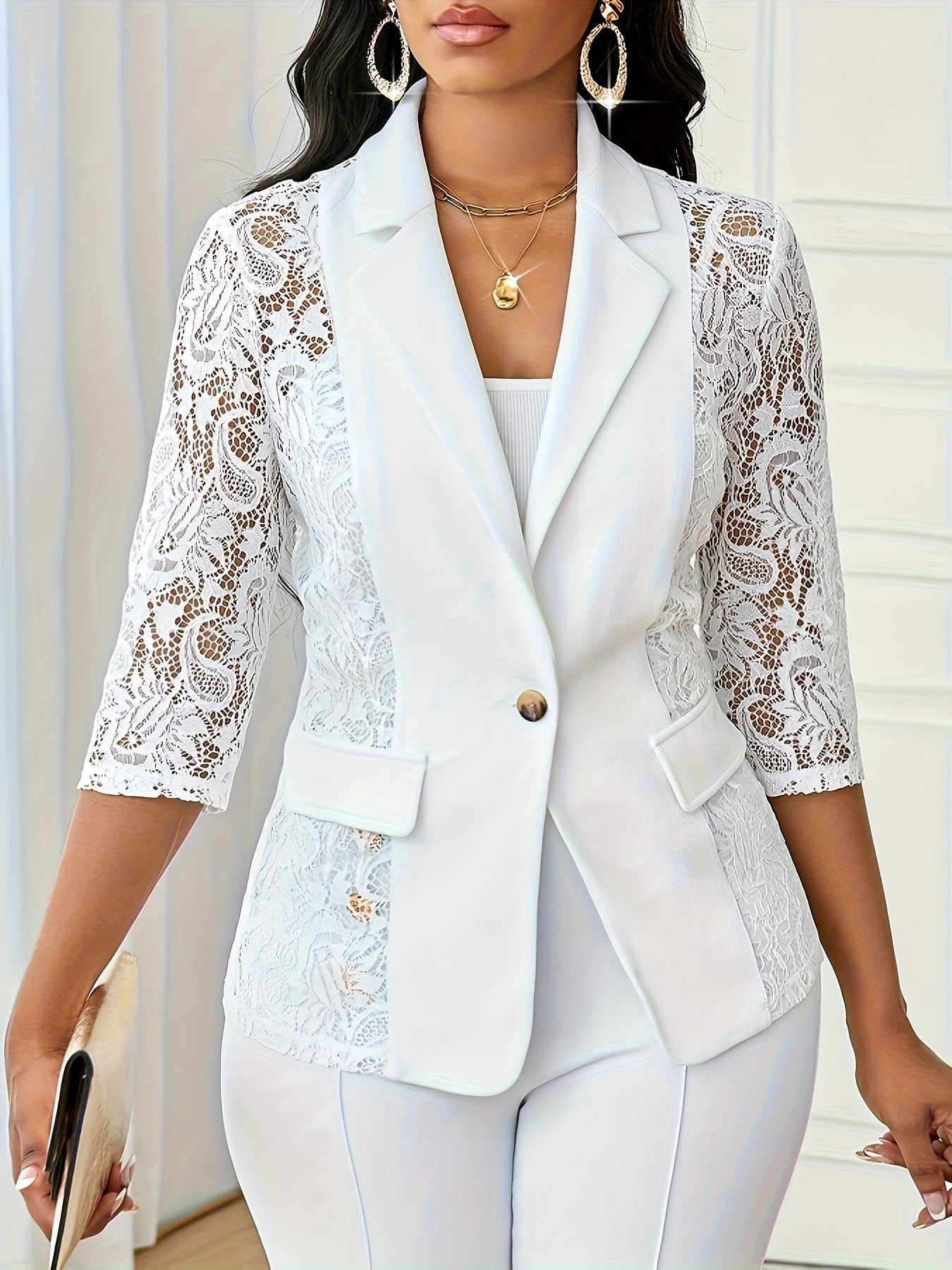 Bo - Blazer Featuring Contrast Lace and Three-Quarter Sleeves