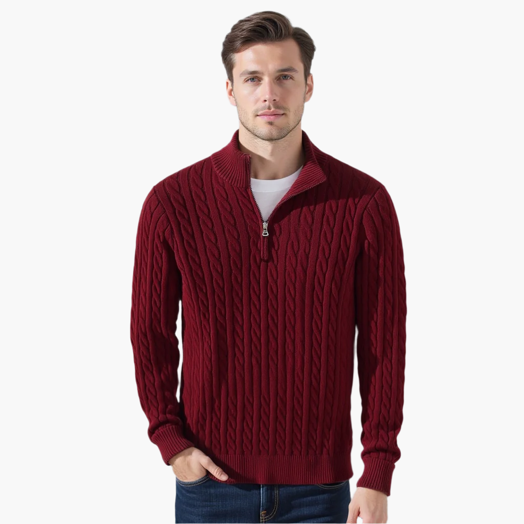 TAEBAEK Zip-Up Cable Knit Sweater