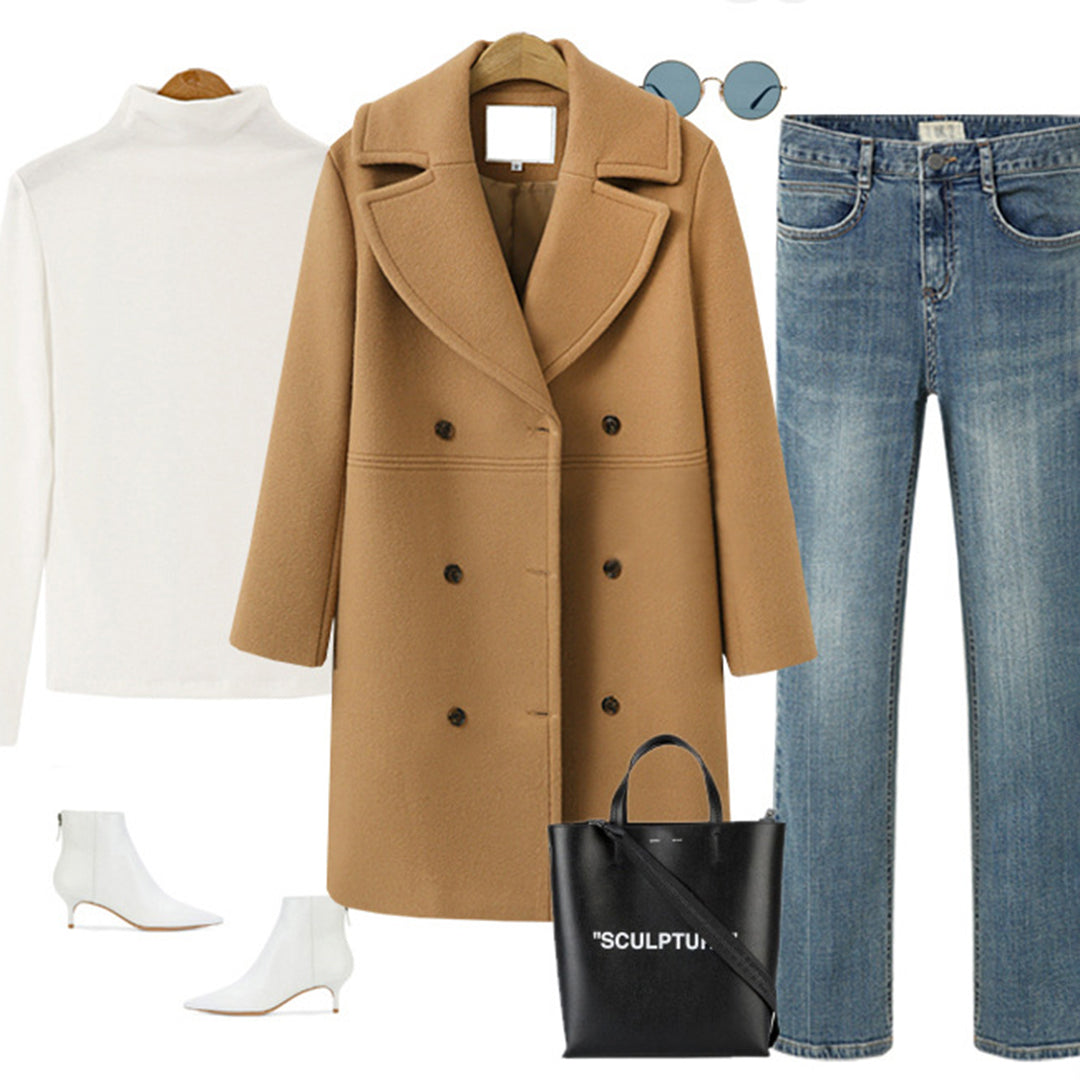 Double-Breasted Long Wool Coat for Women – Perfect for Autumn