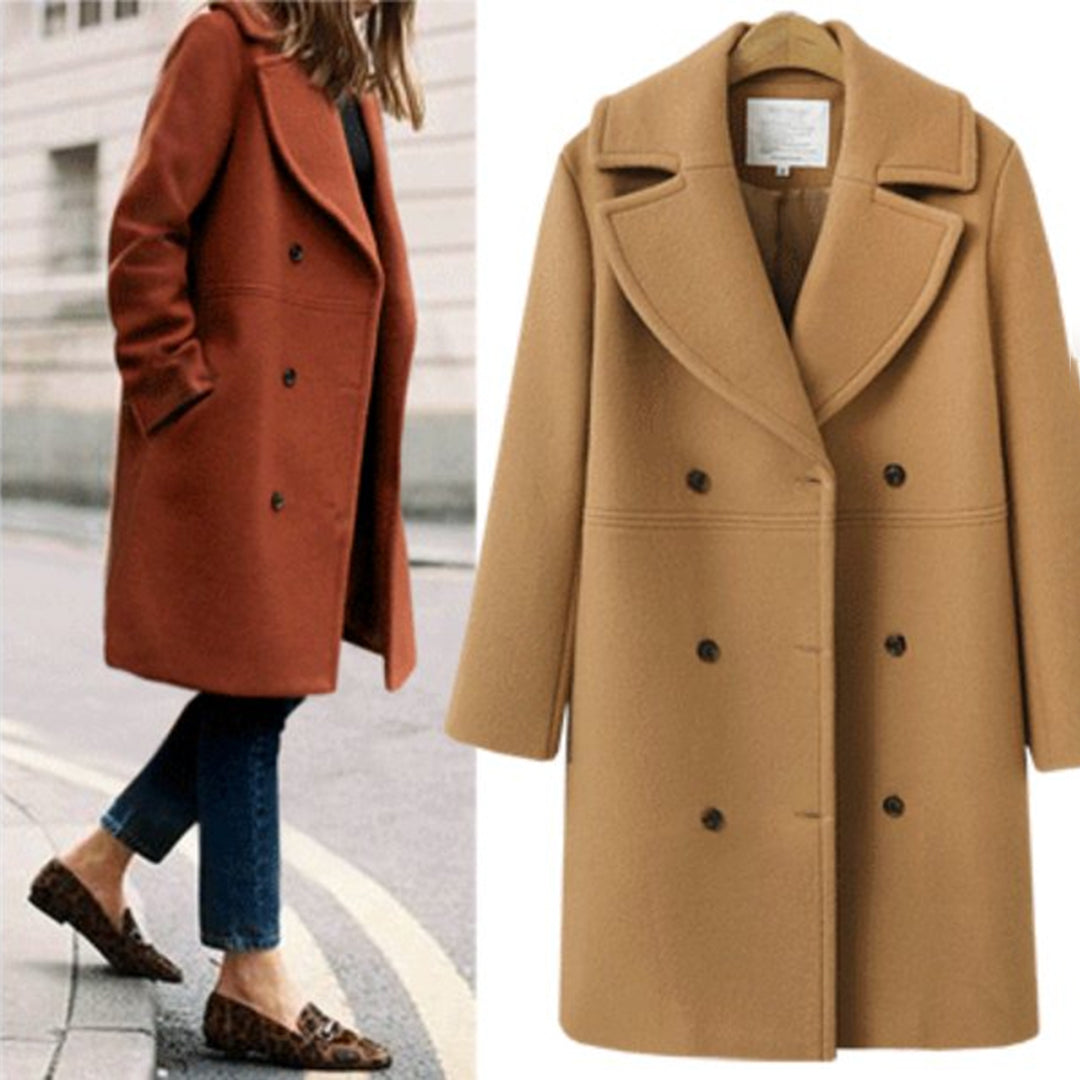 Double-Breasted Long Wool Coat for Women – Perfect for Autumn