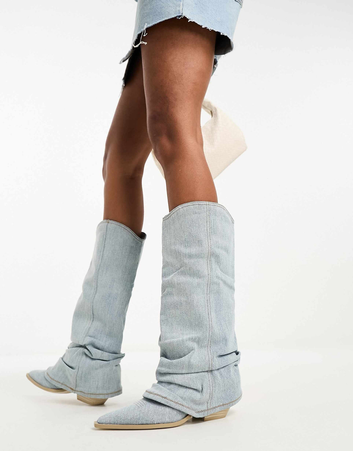 Trendy Light Blue Denim Ankle Boots with Over-the-Knee Design and Pointed Toe – Casual Street Style Footwear