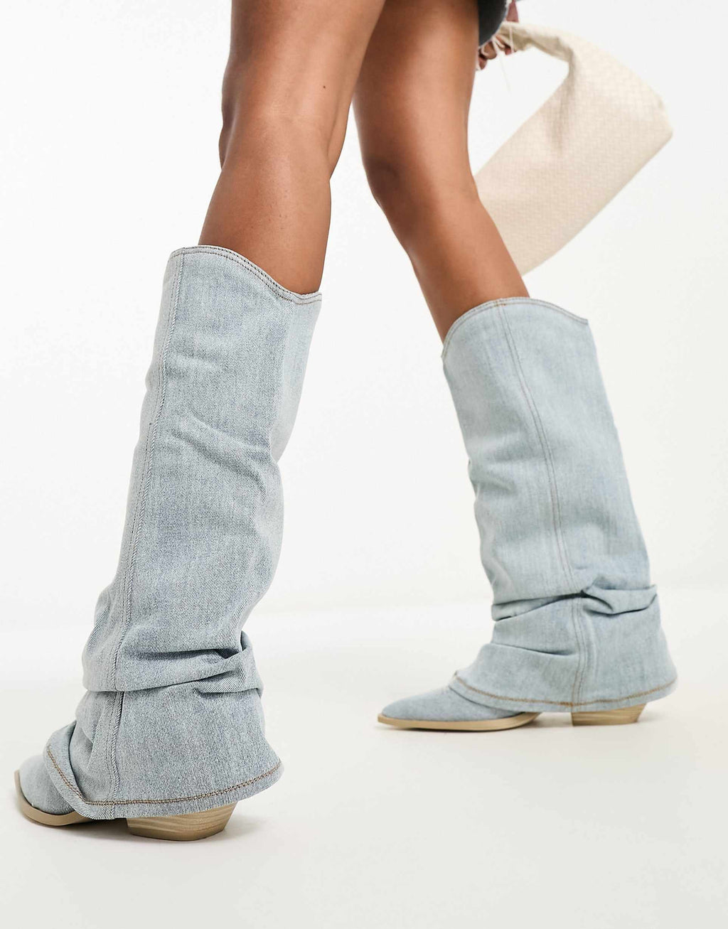 Trendy Light Blue Denim Ankle Boots with Over-the-Knee Design and Pointed Toe – Casual Street Style Footwear