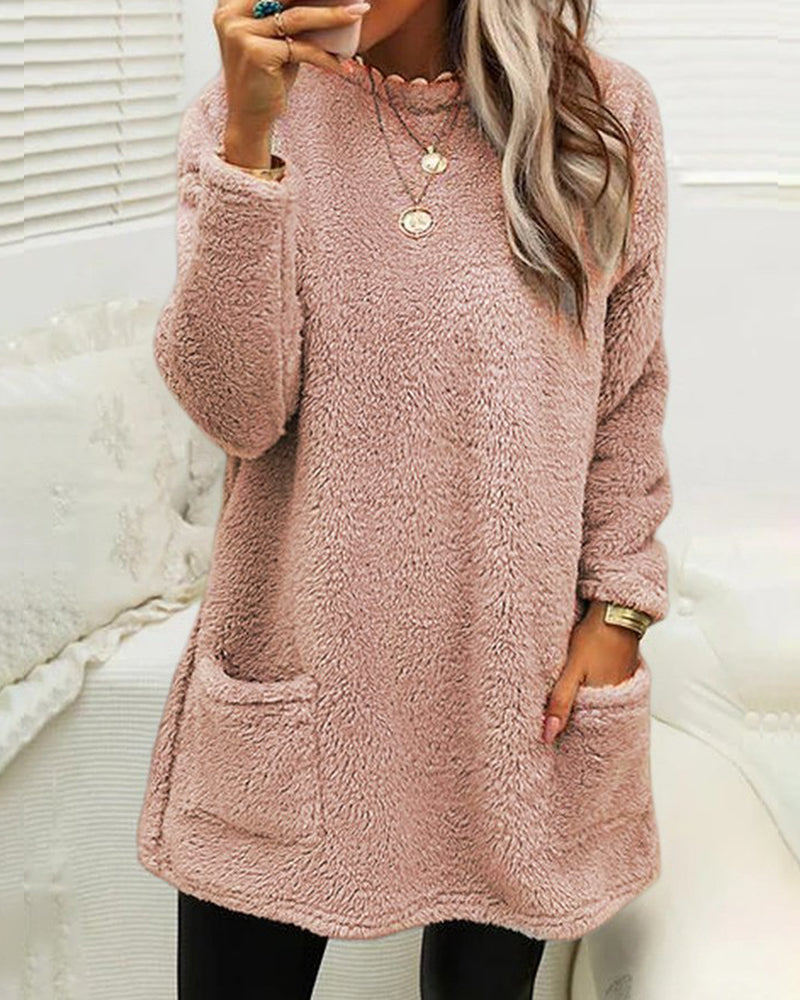 Cozy Long Fleece Winter Sweater with Pockets for Women