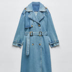 Women's Oversized Double-Breasted Denim Trench Coat with Belt