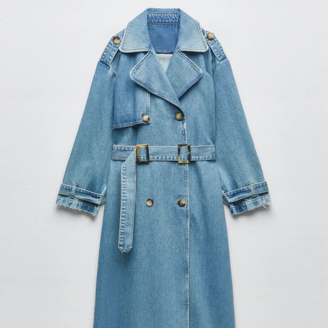 Women's Oversized Double-Breasted Denim Trench Coat with Belt