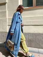 Women's Oversized Double-Breasted Denim Trench Coat with Belt