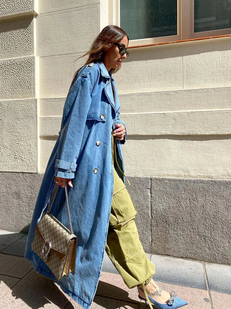 Women's Oversized Double-Breasted Denim Trench Coat with Belt