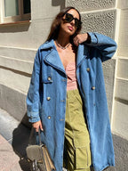 Women's Oversized Double-Breasted Denim Trench Coat with Belt