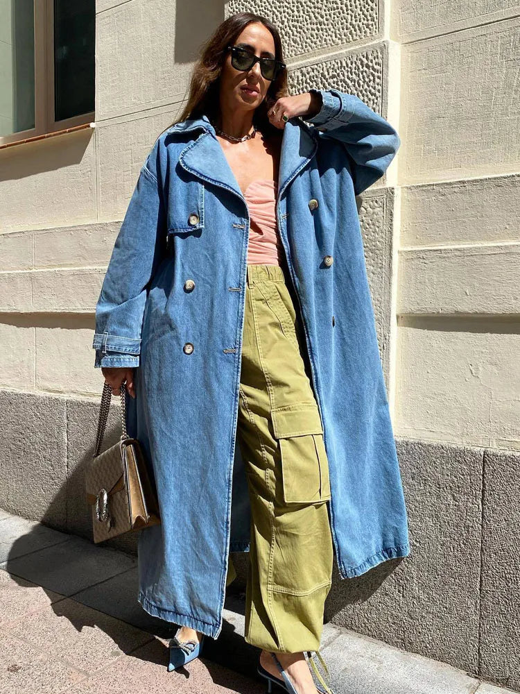 Women's Oversized Double-Breasted Denim Trench Coat with Belt