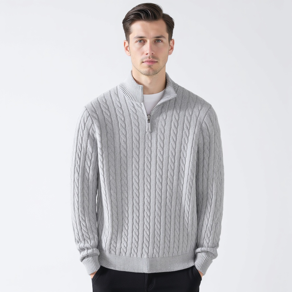 TAEBAEK Zip-Up Cable Knit Sweater