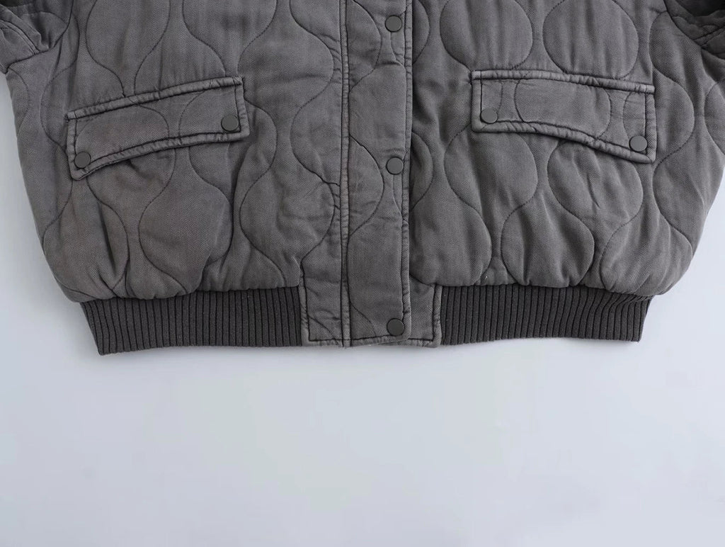 Women's Quilted Bomber Jacket - Ribbed Collar - Casual Comfort Style