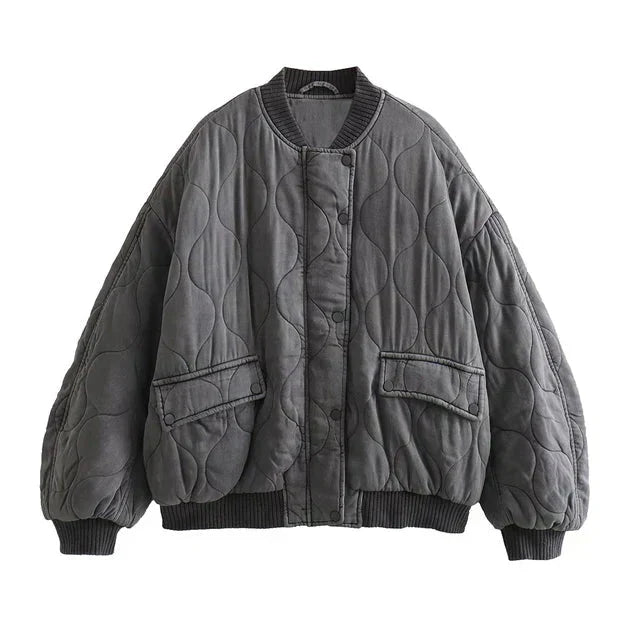 Women's Quilted Bomber Jacket - Ribbed Collar - Casual Comfort Style