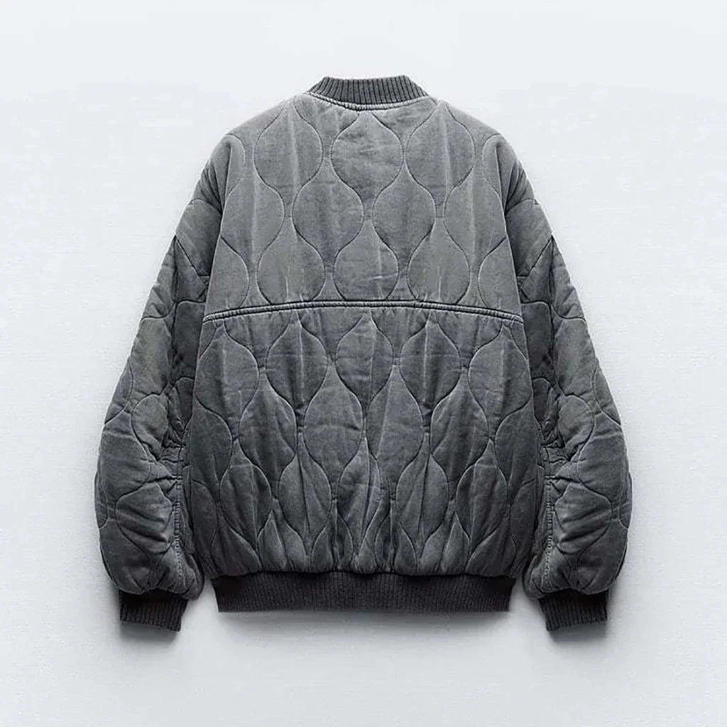 Women's Quilted Bomber Jacket - Ribbed Collar - Casual Comfort Style