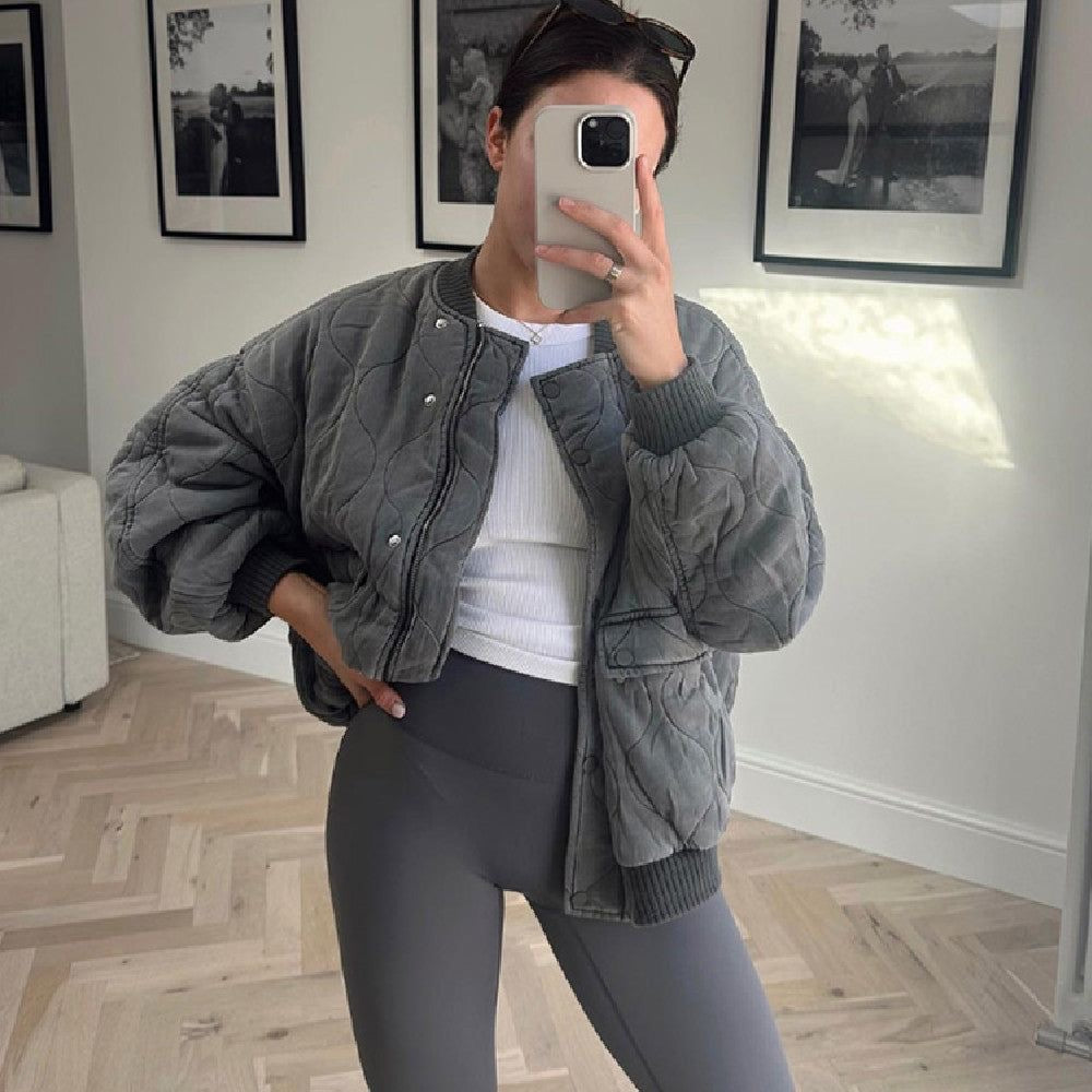 Women's Quilted Bomber Jacket - Ribbed Collar - Casual Comfort Style