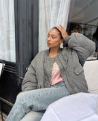 Women's Quilted Bomber Jacket - Ribbed Collar - Casual Comfort Style