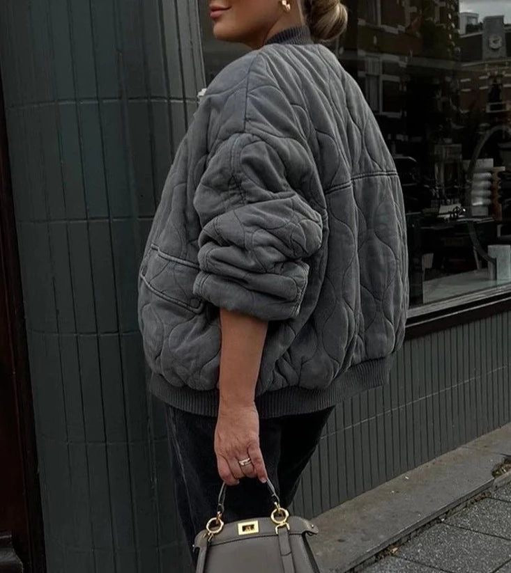 Women's Quilted Bomber Jacket - Ribbed Collar - Casual Comfort Style