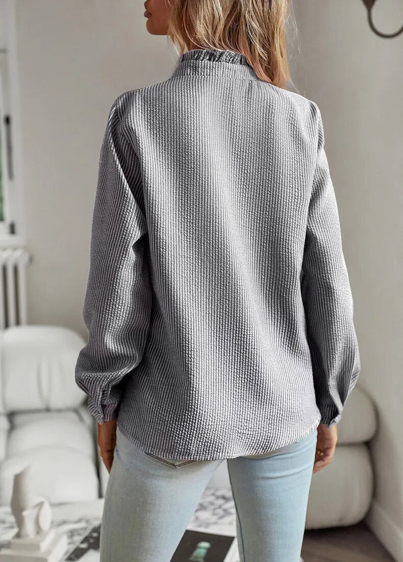 Jamie - Ruffled Blouse with Stand-Up Collar