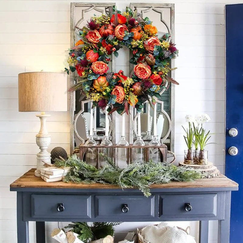 40 cm Autumn Wreath with Peony and Pumpkin – Multicoloured Rustic Artificial Decoration for Thanksgiving