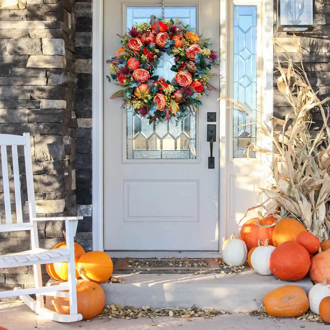 40 cm Autumn Wreath with Peony and Pumpkin – Multicoloured Rustic Artificial Decoration for Thanksgiving