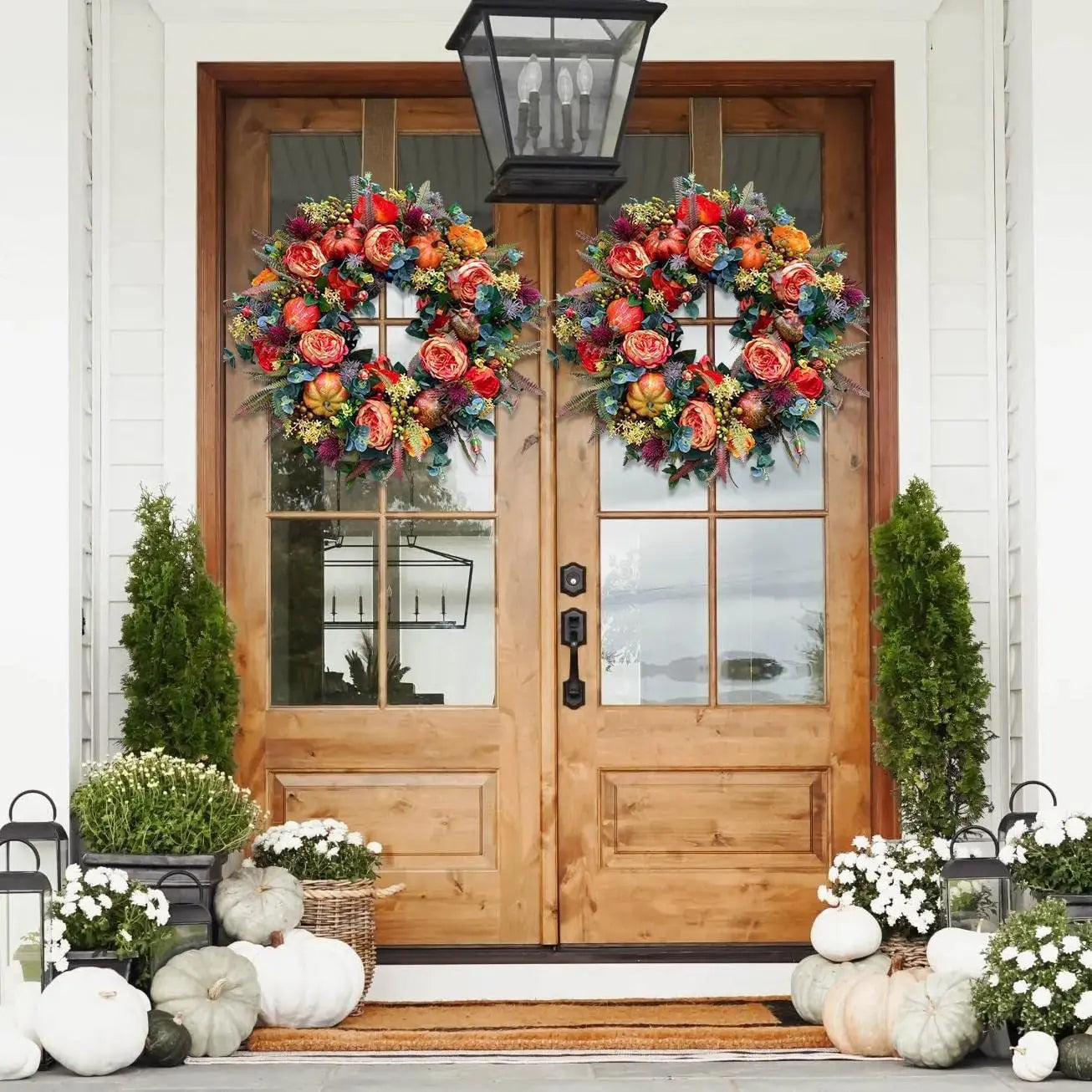 40 cm Autumn Wreath with Peony and Pumpkin – Multicoloured Rustic Artificial Decoration for Thanksgiving