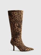 Chic Knee-High Leopard Print Women's Boots with Pointed Toe and Mid-Heel – Fashionable and Comfortable