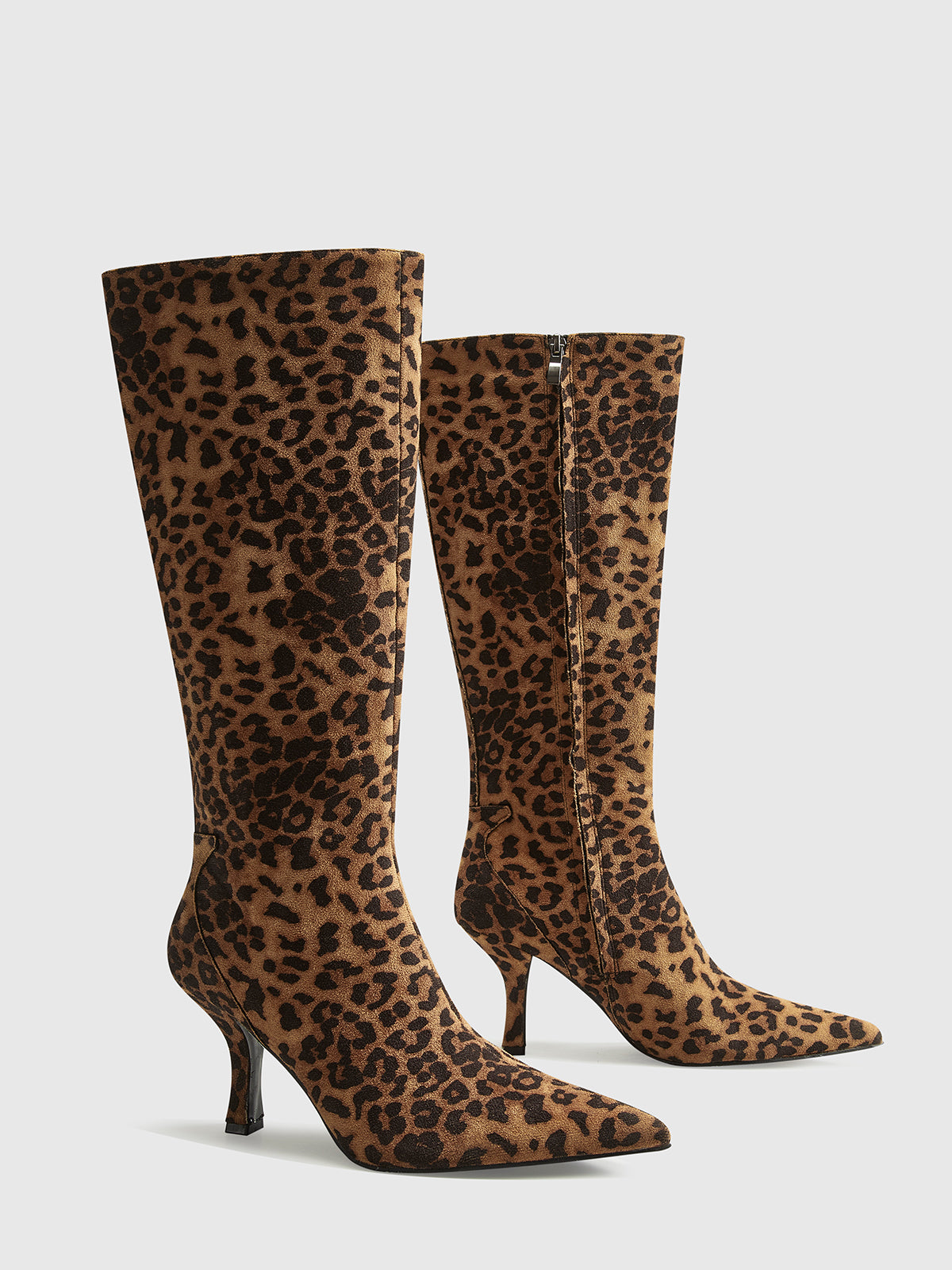 Chic Knee-High Leopard Print Women's Boots with Pointed Toe and Mid-Heel – Fashionable and Comfortable
