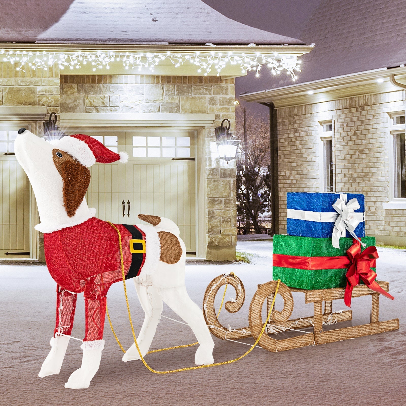 LED Light-Up Christmas Sleigh with Dog and Festive Presents